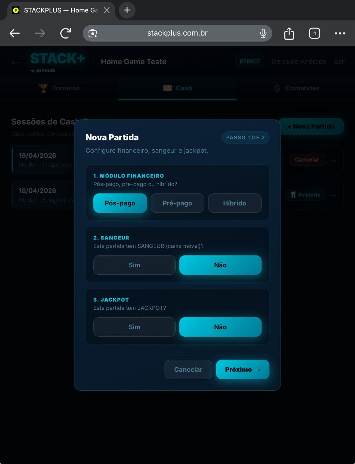 Tela de configuração de nova partida no StackPlus