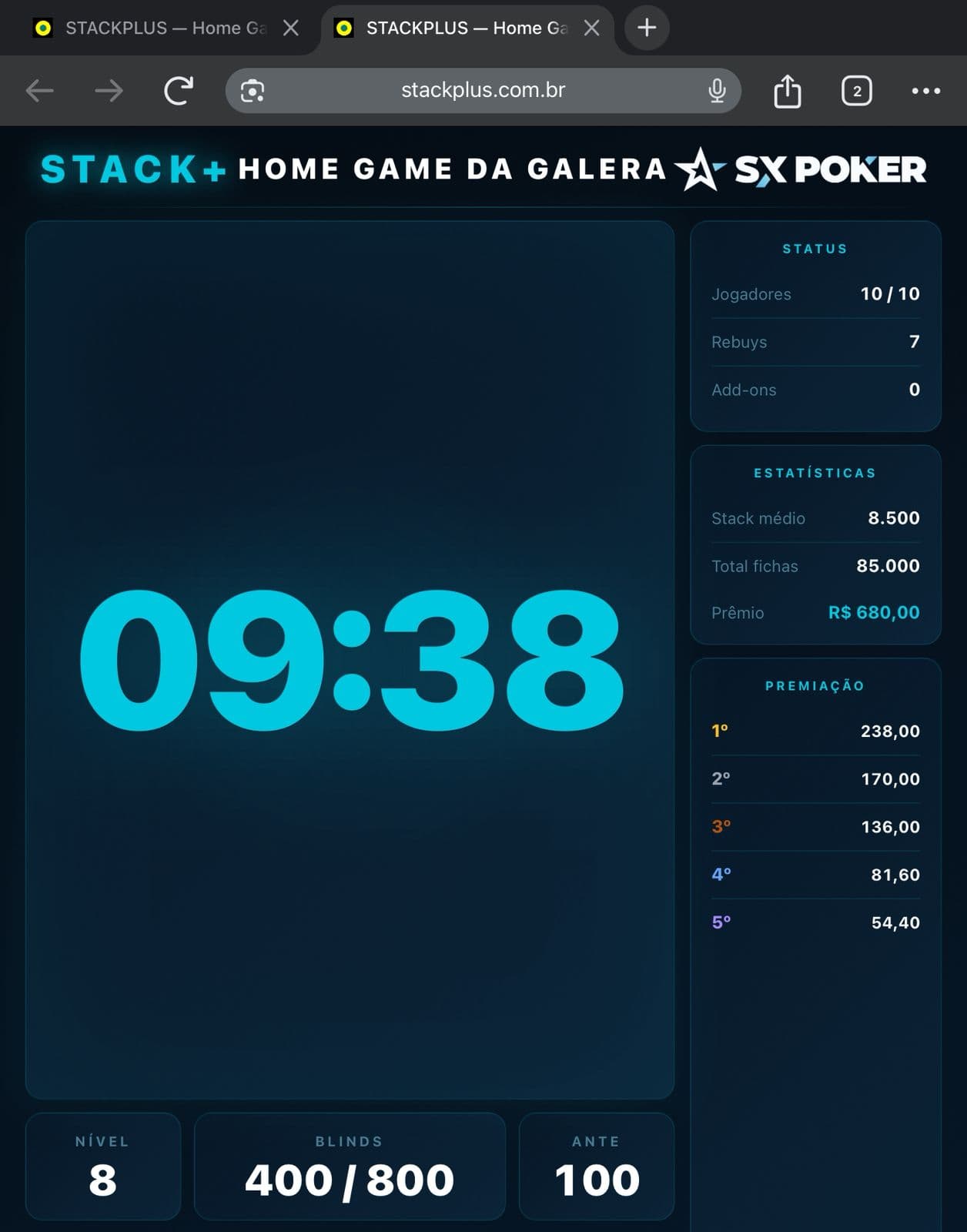 Modo TV do StackPlus — timer, premiação e status do torneio